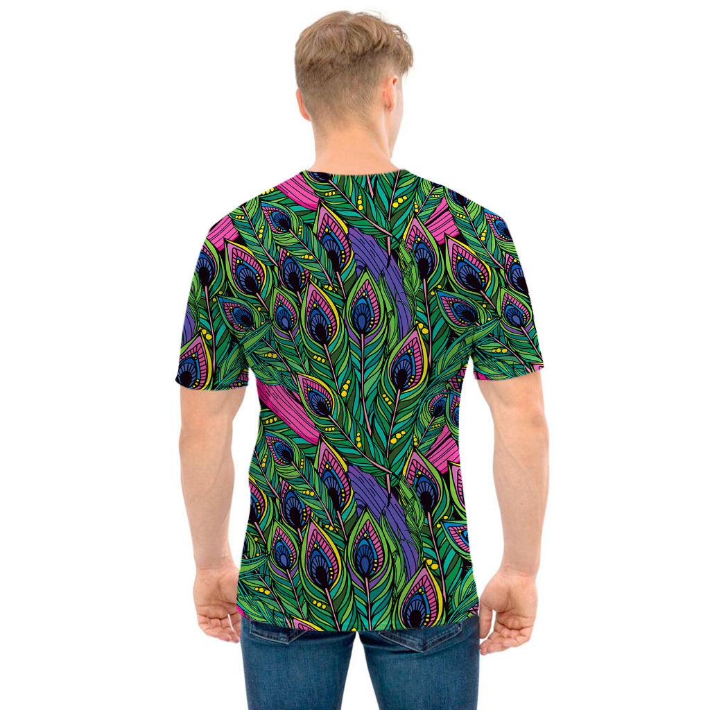 Boho Peacock Feather Pattern Print Men's T-Shirt