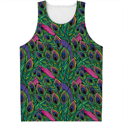 Boho Peacock Feather Pattern Print Men's Tank Top