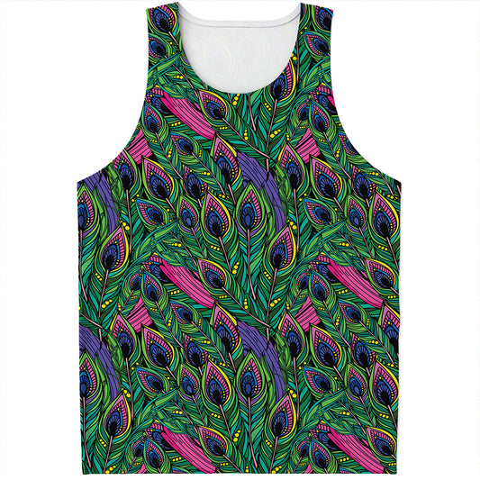 Boho Peacock Feather Pattern Print Men's Tank Top