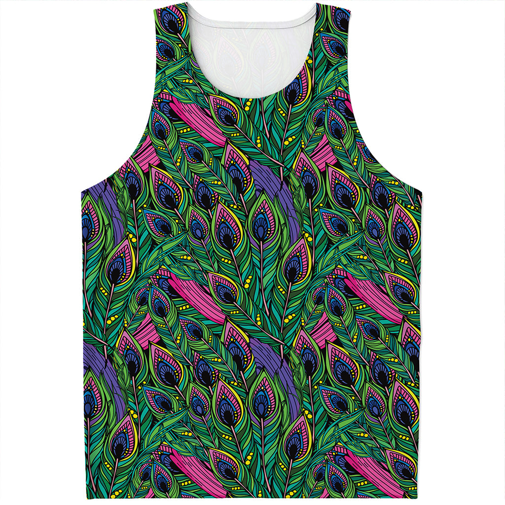 Boho Peacock Feather Pattern Print Men's Tank Top