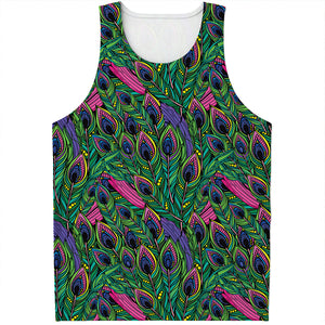 Boho Peacock Feather Pattern Print Men's Tank Top