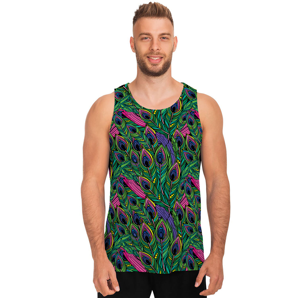 Boho Peacock Feather Pattern Print Men's Tank Top