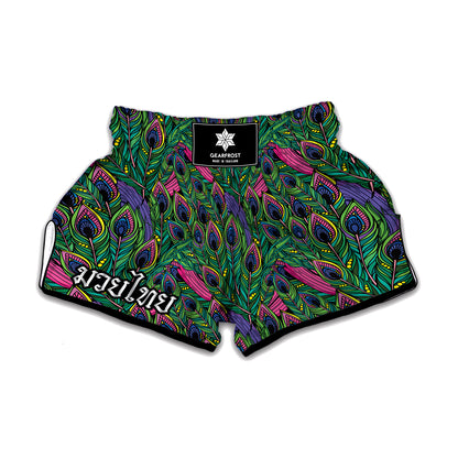 Boho Peacock Feather Pattern Print Muay Thai Boxing Shorts