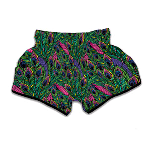 Boho Peacock Feather Pattern Print Muay Thai Boxing Shorts