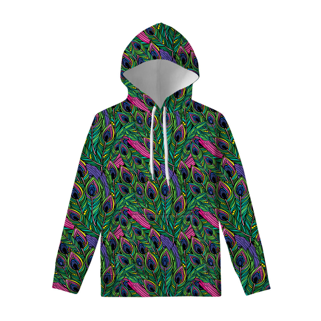 Boho Peacock Feather Pattern Print Pullover Hoodie