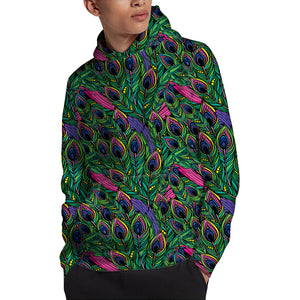 Boho Peacock Feather Pattern Print Pullover Hoodie