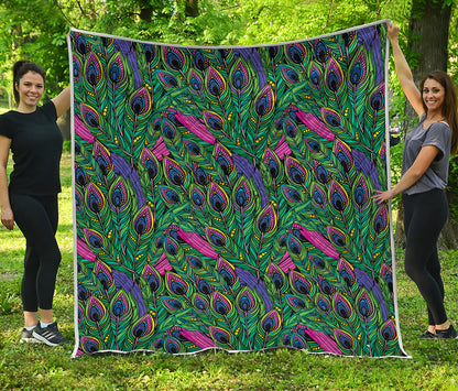 Boho Peacock Feather Pattern Print Quilt