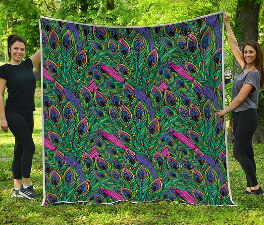 Boho Peacock Feather Pattern Print Quilt