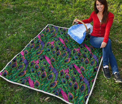 Boho Peacock Feather Pattern Print Quilt