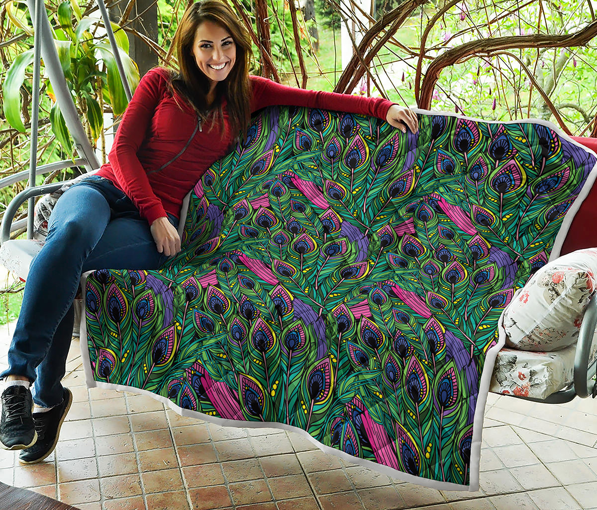 Boho Peacock Feather Pattern Print Quilt