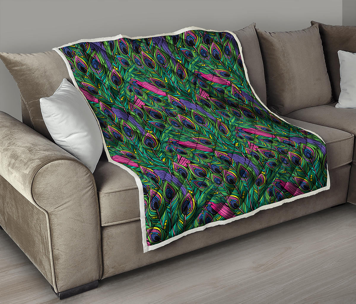 Boho Peacock Feather Pattern Print Quilt