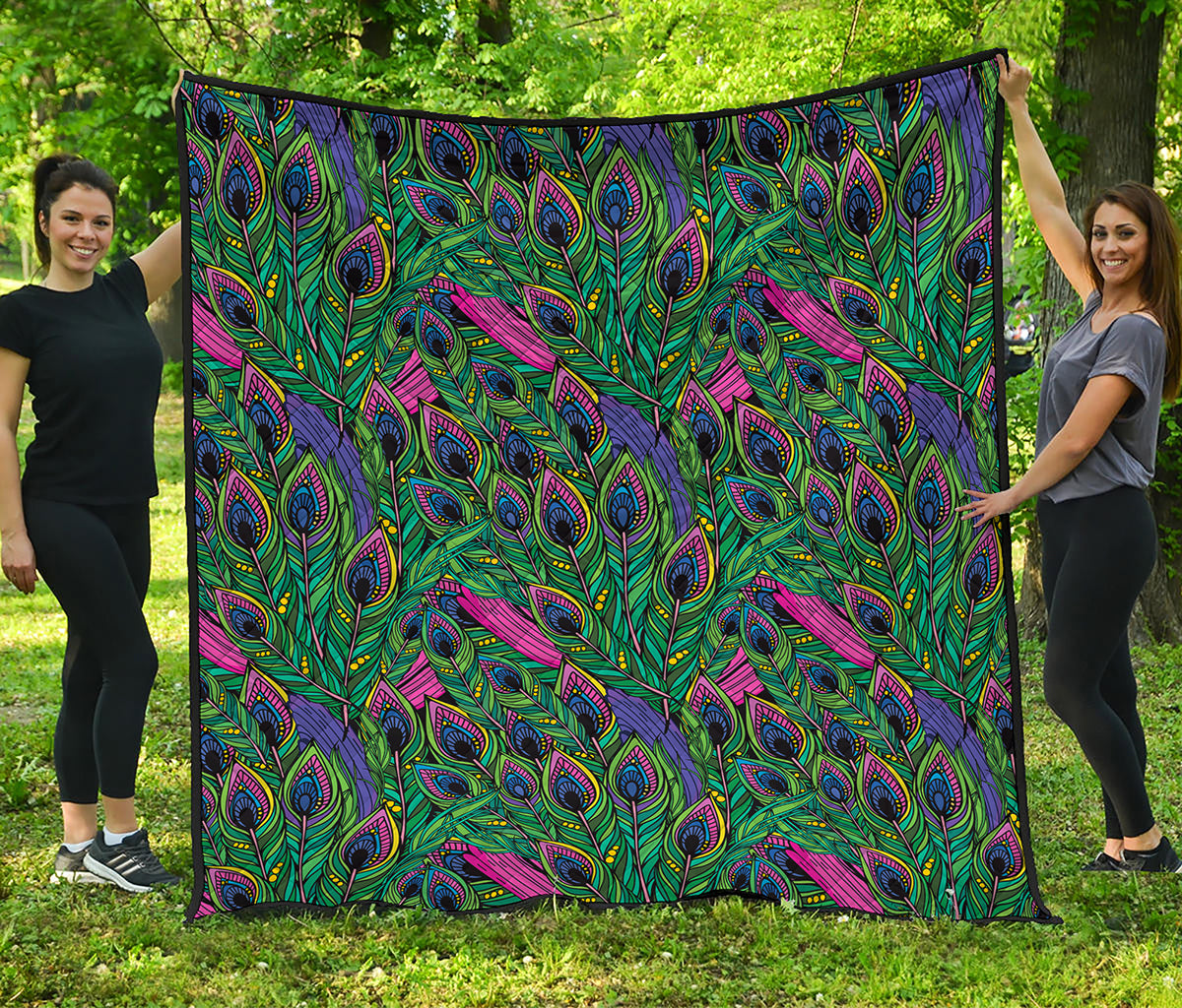 Boho Peacock Feather Pattern Print Quilt
