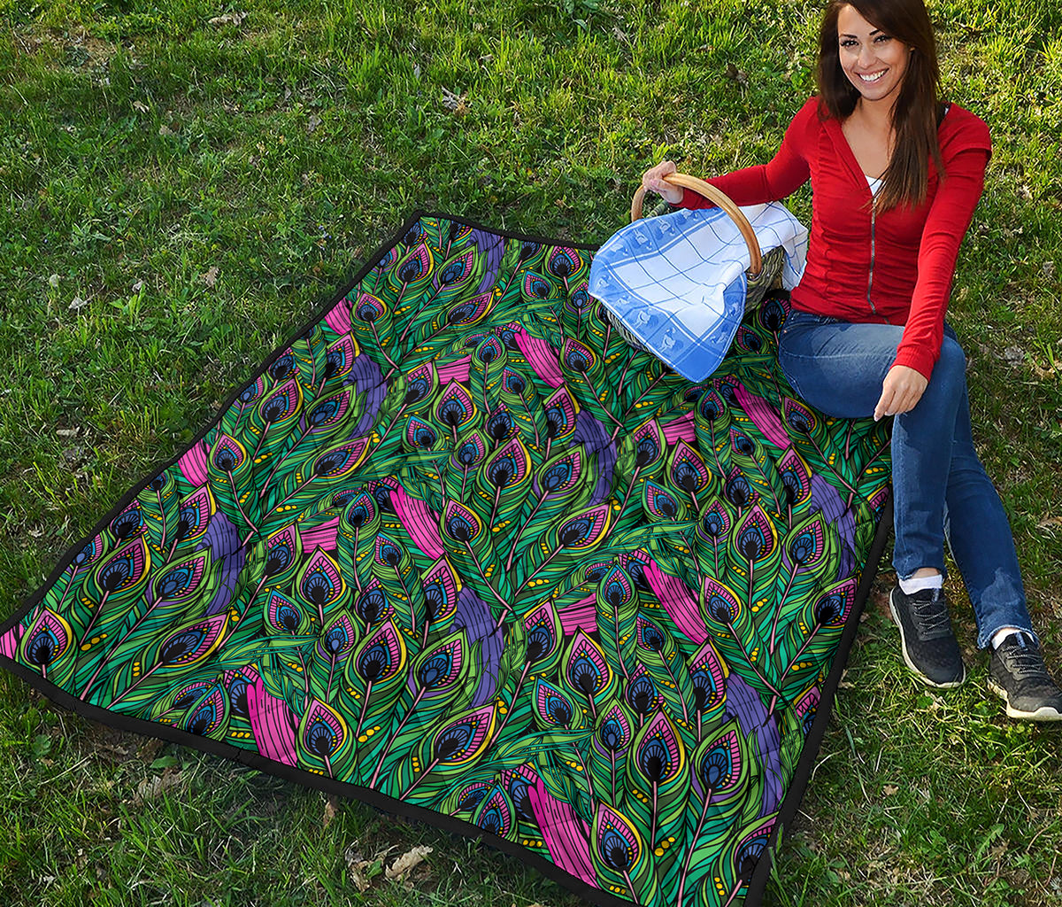 Boho Peacock Feather Pattern Print Quilt