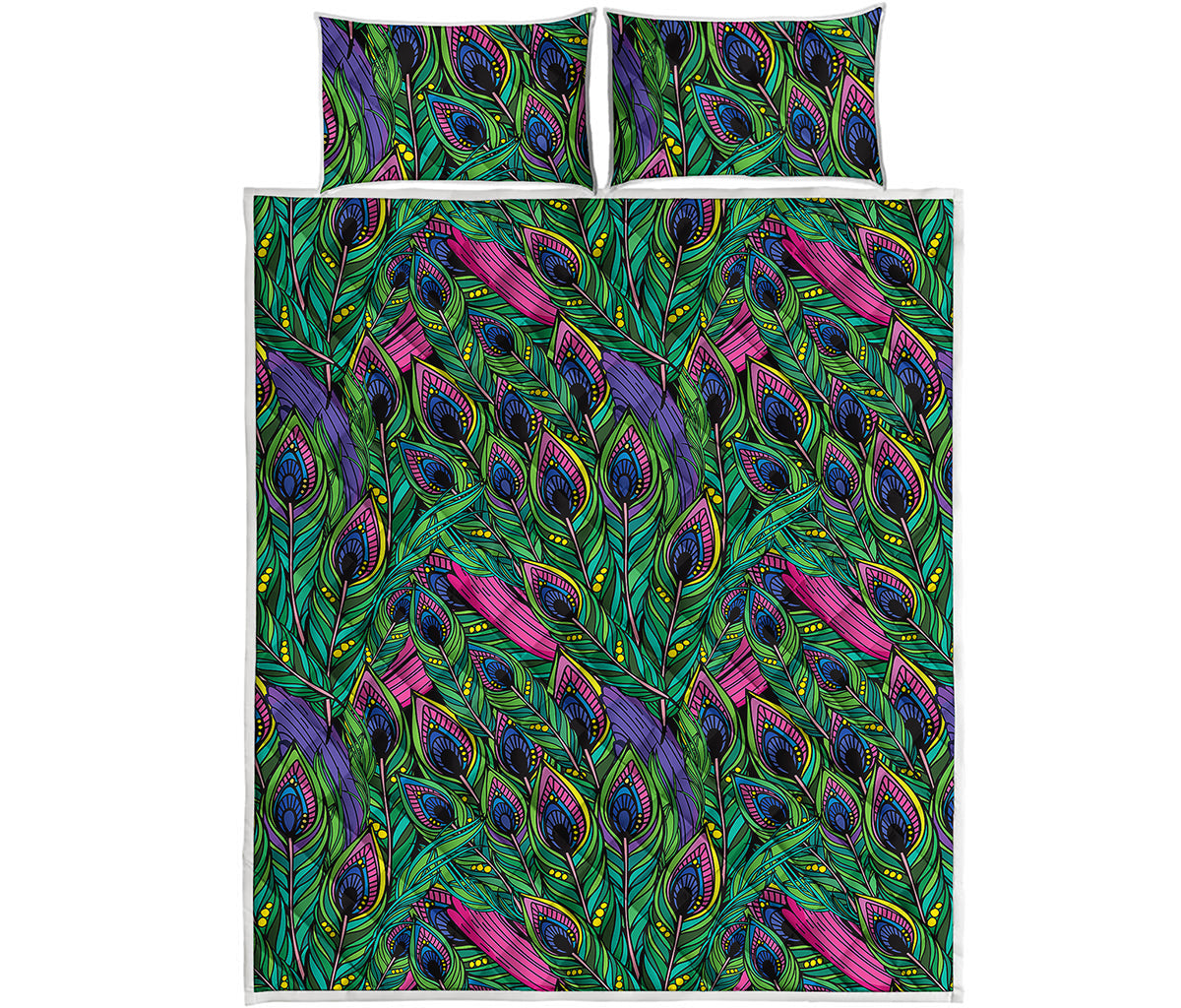 Boho Peacock Feather Pattern Print Quilt Bed Set
