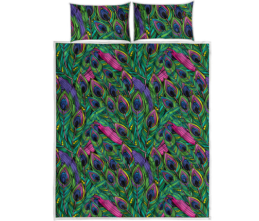 Boho Peacock Feather Pattern Print Quilt Bed Set