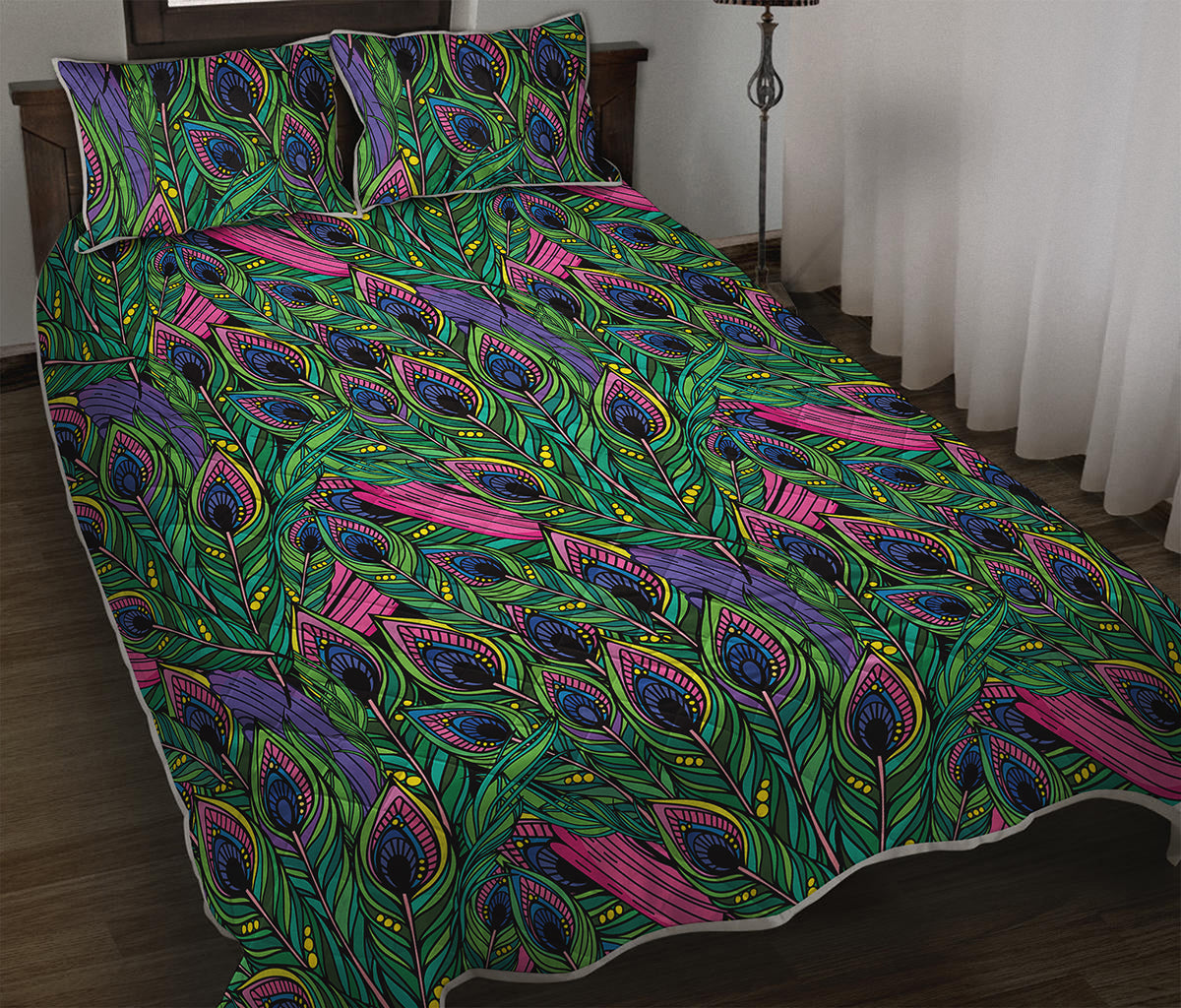 Boho Peacock Feather Pattern Print Quilt Bed Set