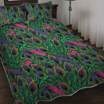 Boho Peacock Feather Pattern Print Quilt Bed Set