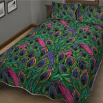 Boho Peacock Feather Pattern Print Quilt Bed Set