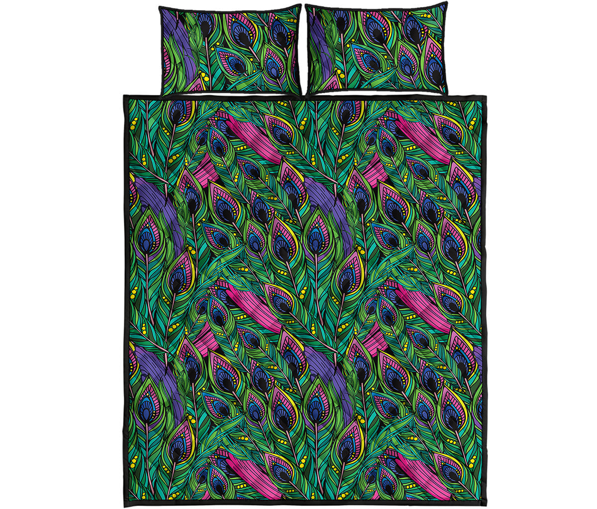 Boho Peacock Feather Pattern Print Quilt Bed Set
