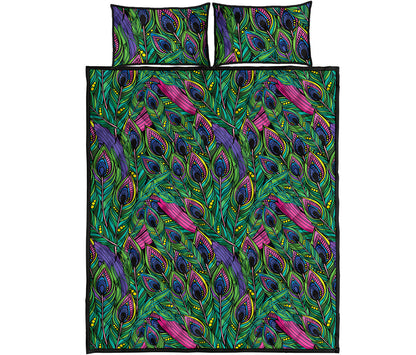 Boho Peacock Feather Pattern Print Quilt Bed Set