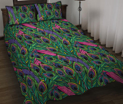 Boho Peacock Feather Pattern Print Quilt Bed Set