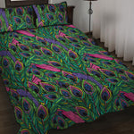 Boho Peacock Feather Pattern Print Quilt Bed Set