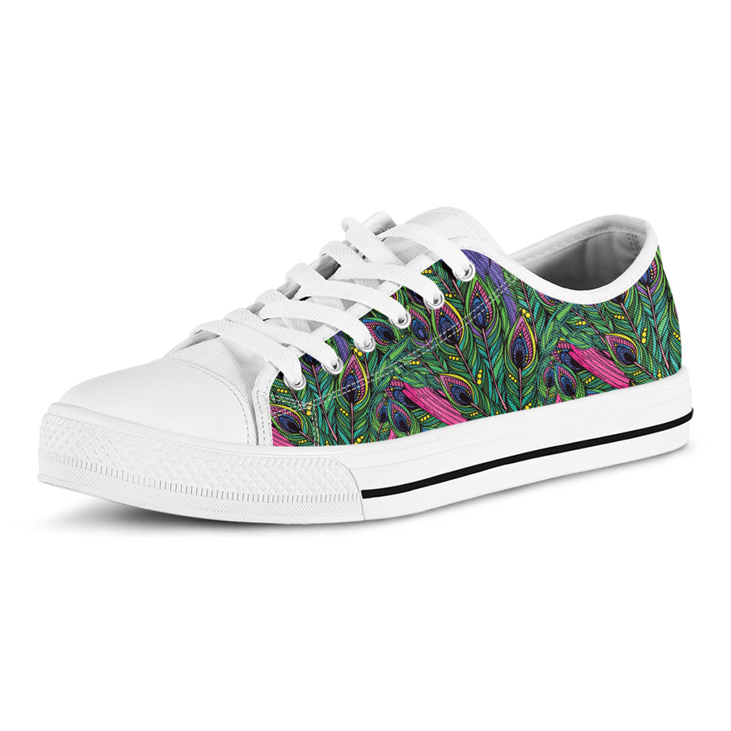 Boho Peacock Feather Pattern Print White Low Top Shoes