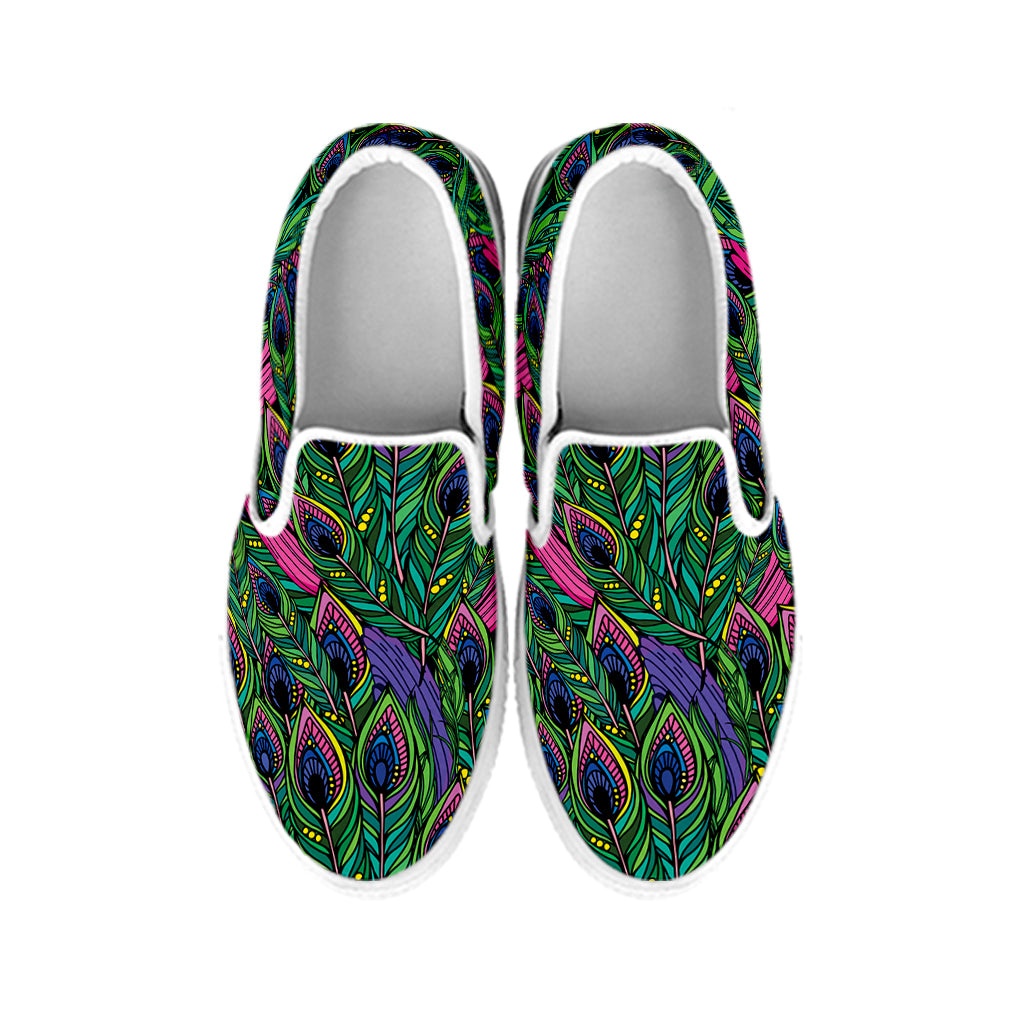 Boho Peacock Feather Pattern Print White Slip On Shoes