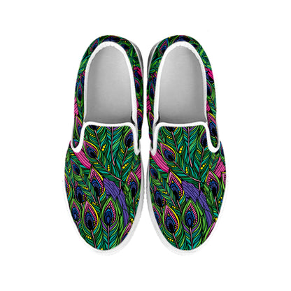 Boho Peacock Feather Pattern Print White Slip On Shoes