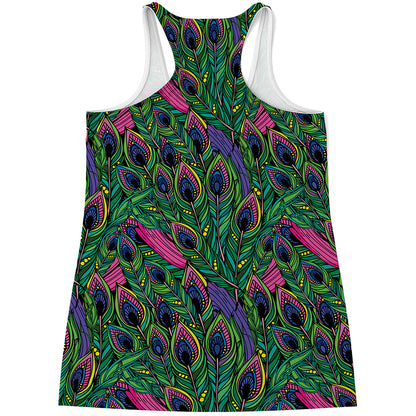 Boho Peacock Feather Pattern Print Women's Racerback Tank Top