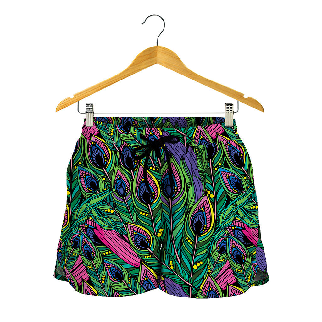 Boho Peacock Feather Pattern Print Women's Shorts