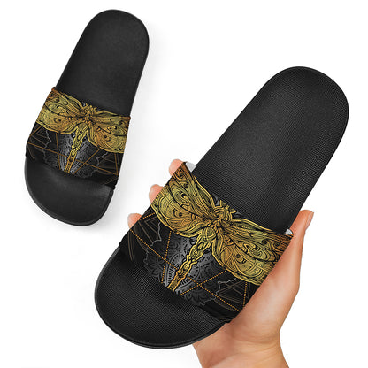 Boho Spiritual Dragonfly Print Black Slide Sandals