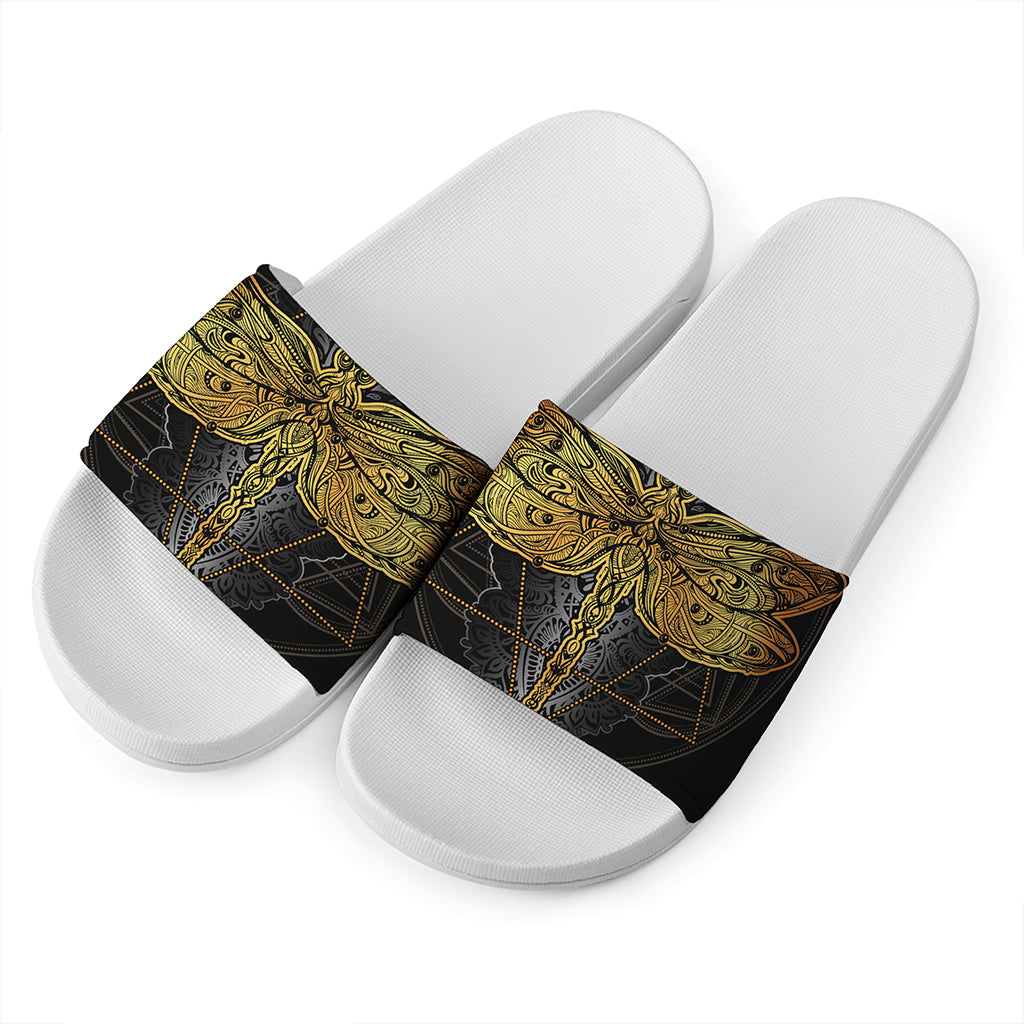 Boho Spiritual Dragonfly Print White Slide Sandals