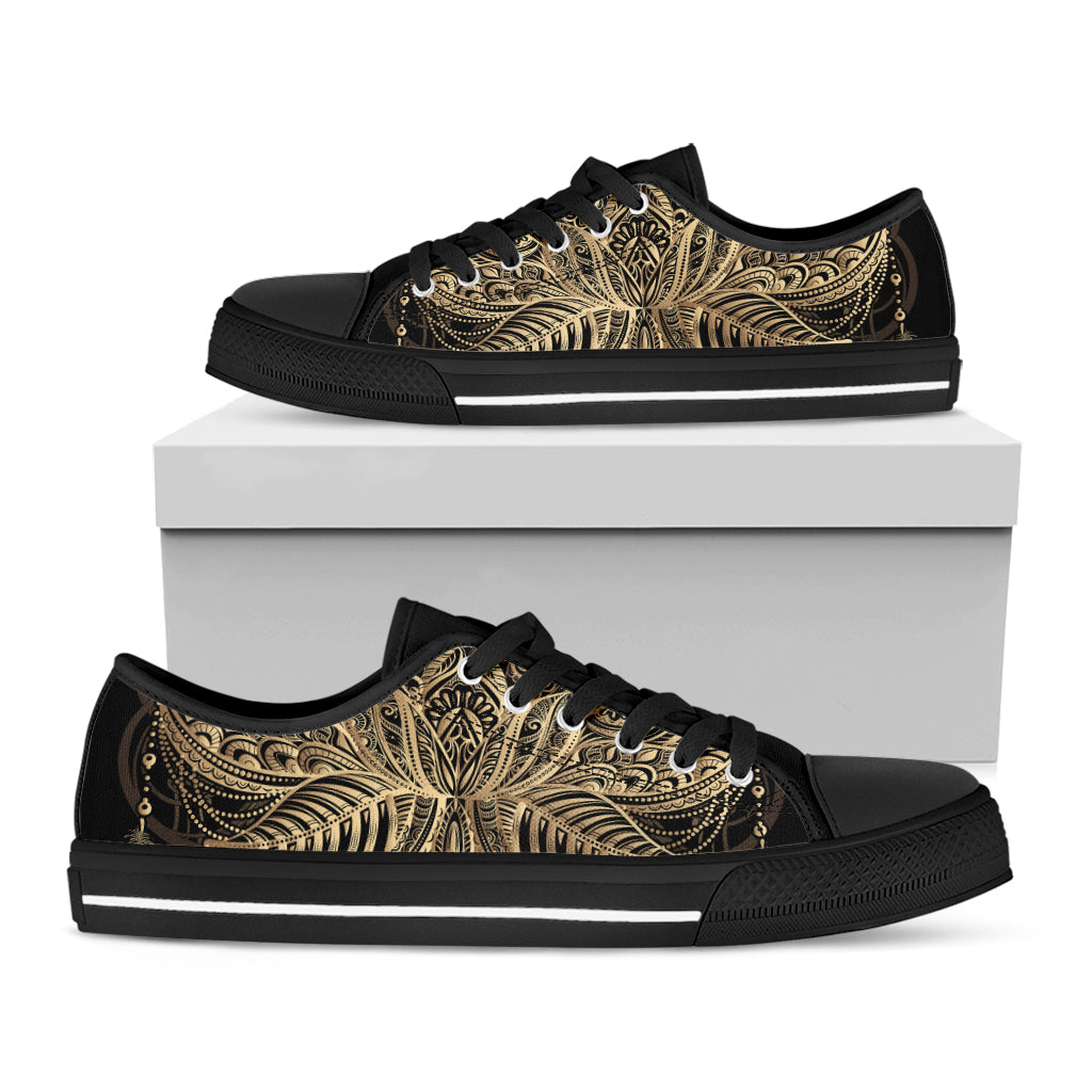 Boho Spiritual Lotus Print Black Low Top Shoes 