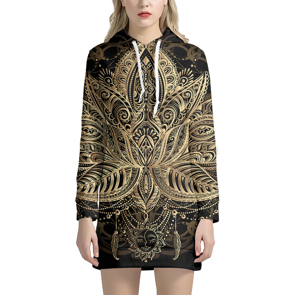 Boho Spiritual Lotus Print Pullover Hoodie Dress