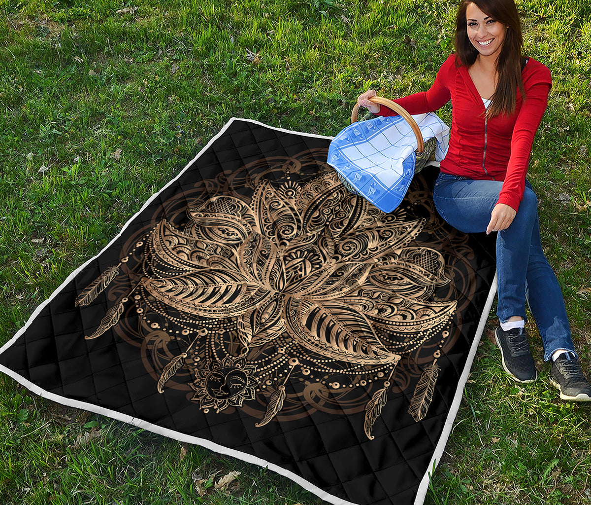Boho Spiritual Lotus Print Quilt