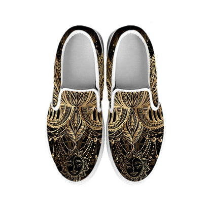 Boho Spiritual Lotus Print White Slip On Shoes
