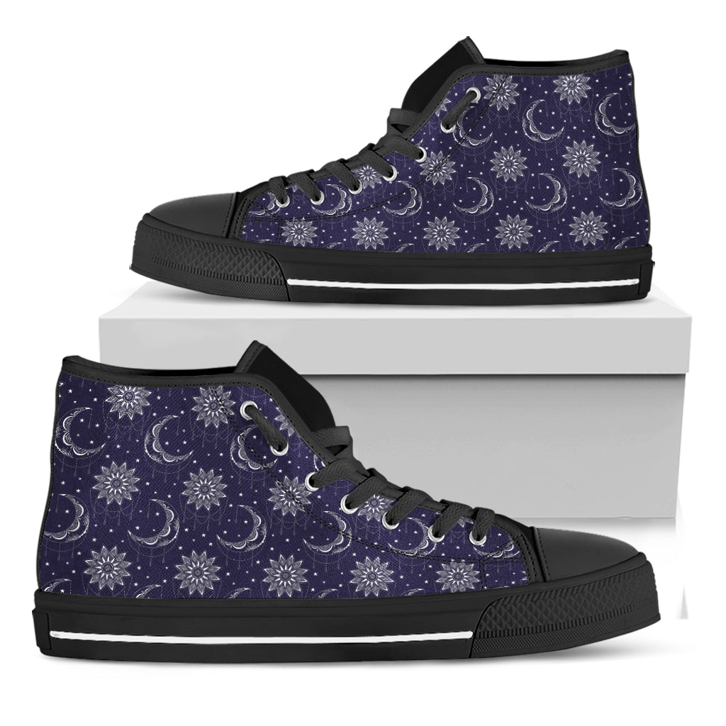 Boho Sun And Moon Pattern Print Black High Top Shoes