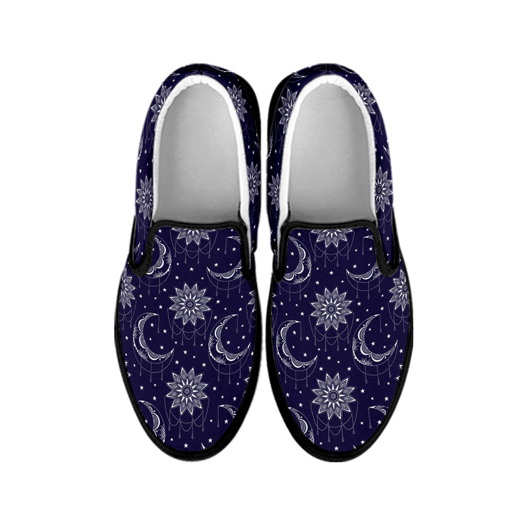 Boho Sun And Moon Pattern Print Black Slip On Shoes