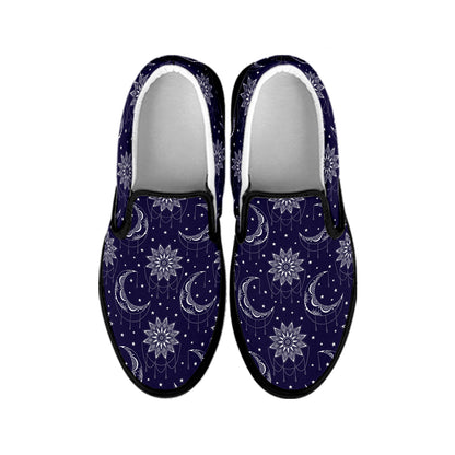 Boho Sun And Moon Pattern Print Black Slip On Shoes