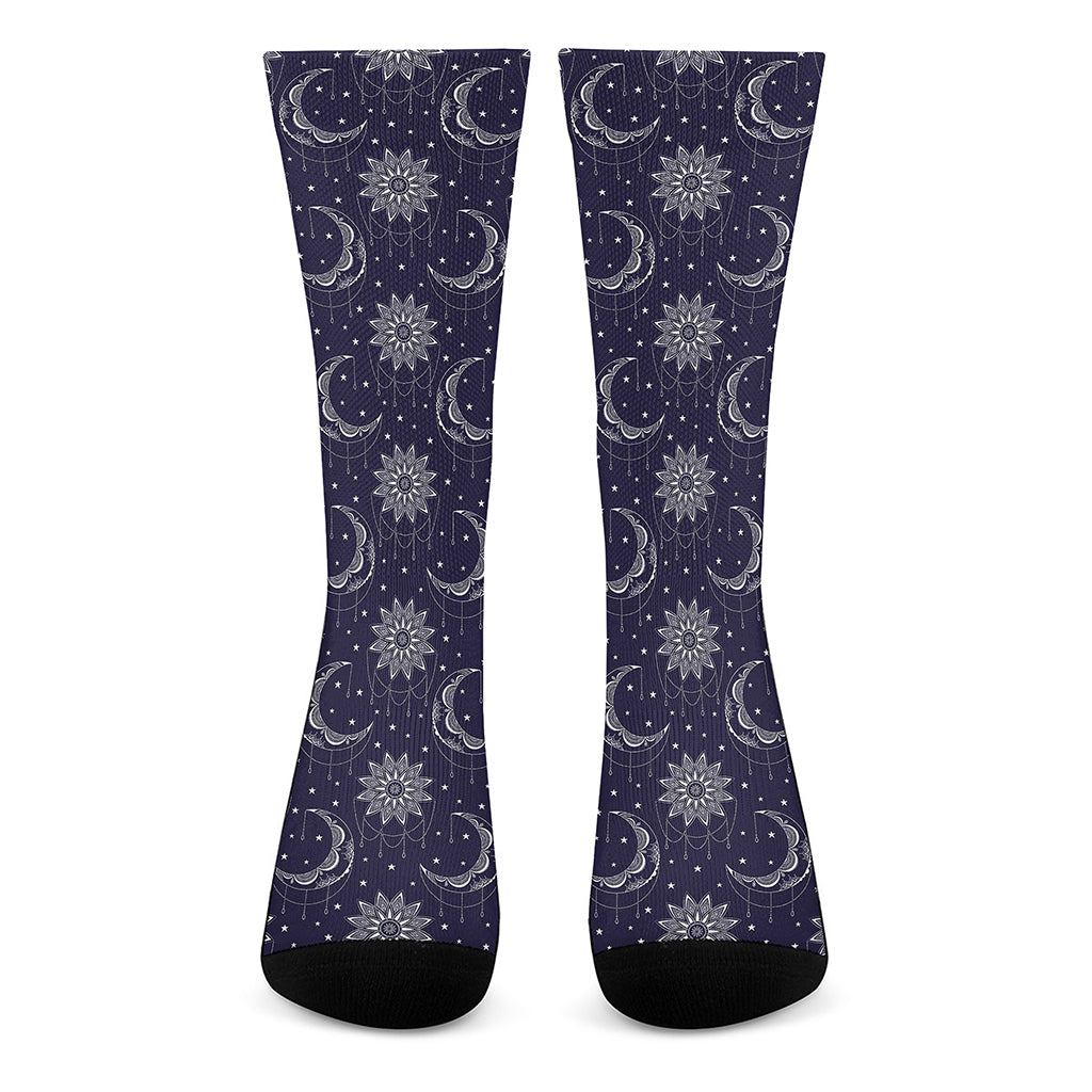 Boho Sun And Moon Pattern Print Crew Socks