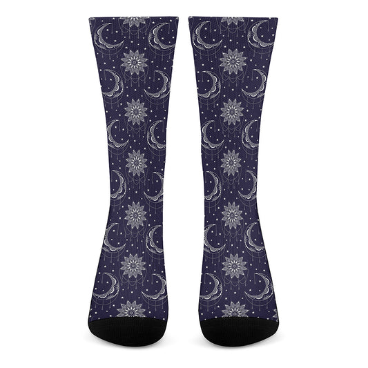 Boho Sun And Moon Pattern Print Crew Socks