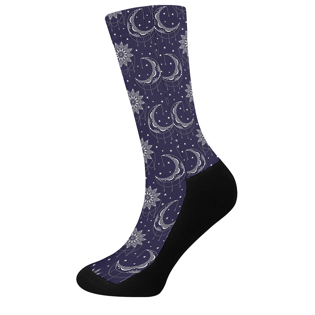 Boho Sun And Moon Pattern Print Crew Socks