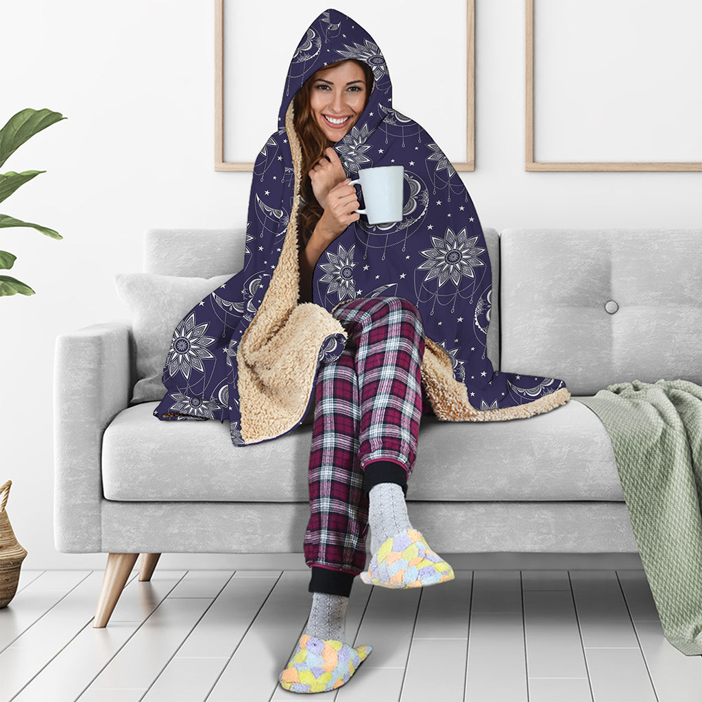 Boho Sun And Moon Pattern Print Hooded Blanket