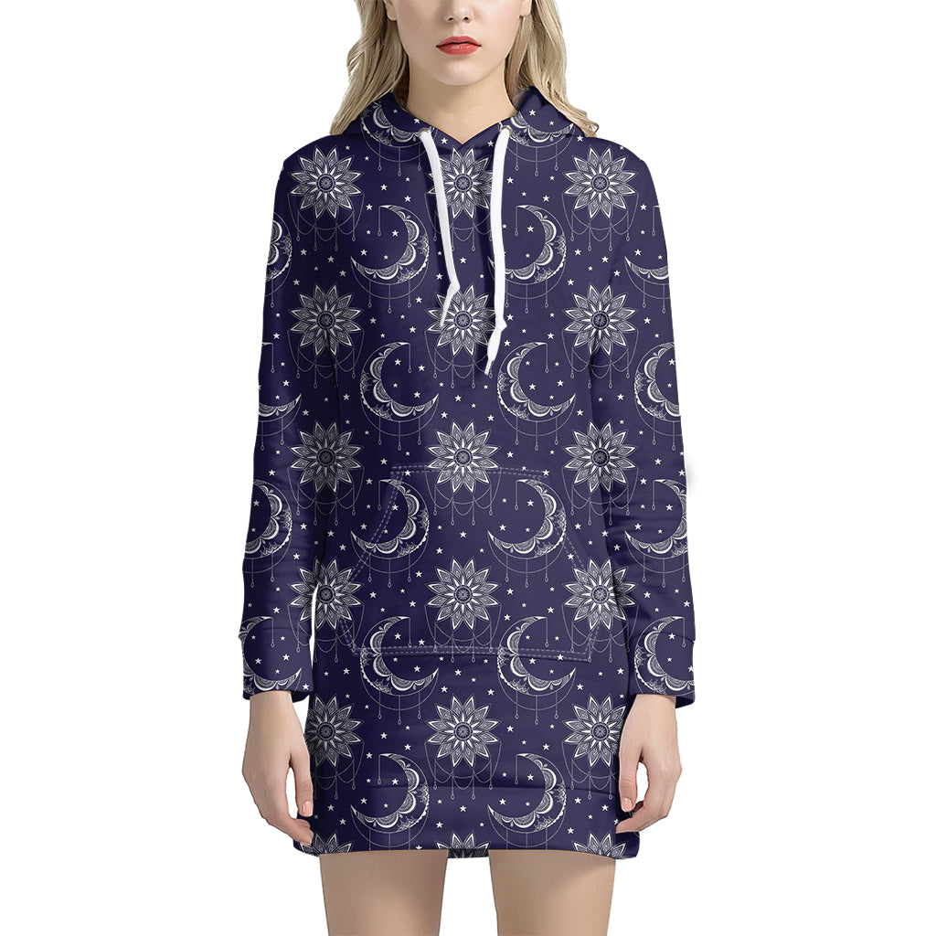 Boho Sun And Moon Pattern Print Hoodie Dress