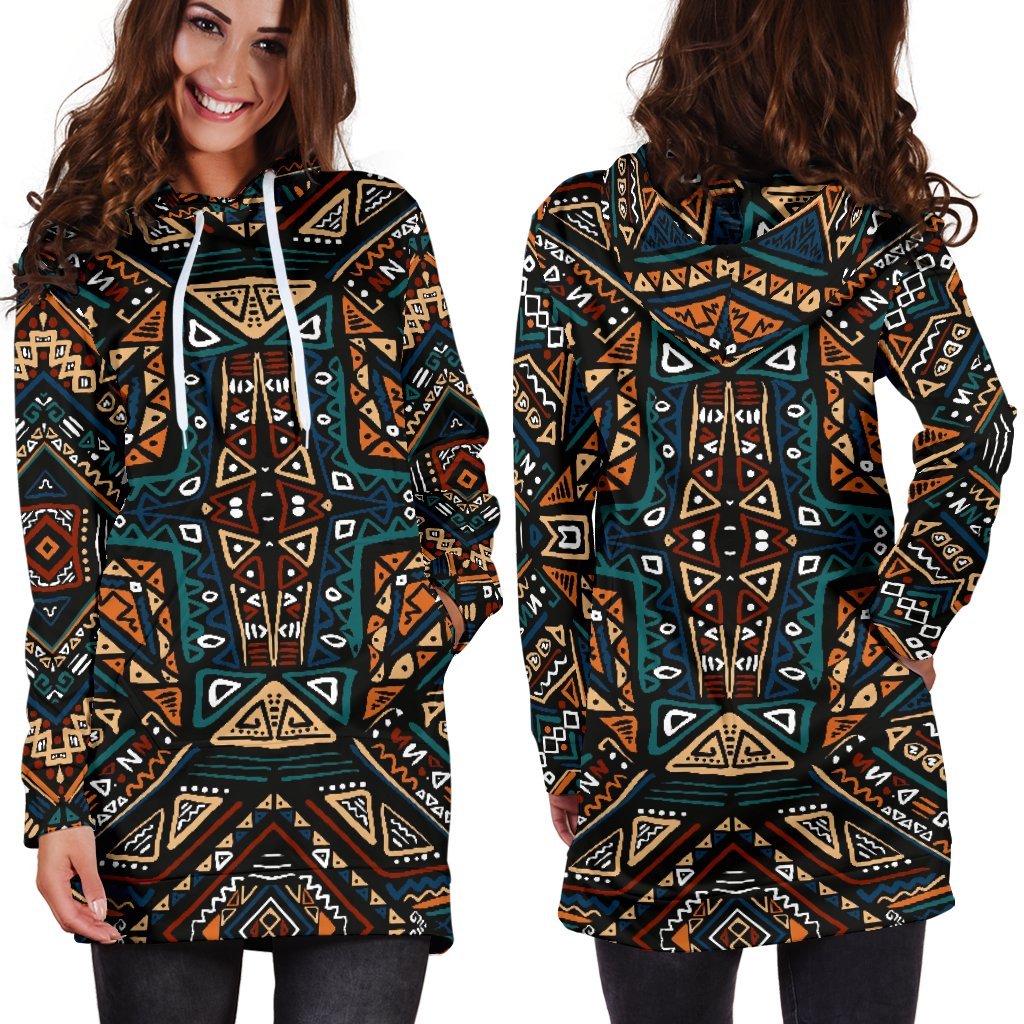 Boho Tribal Aztec Pattern Print Hoodie Dress GearFrost