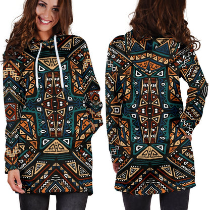 Boho Tribal Aztec Pattern Print Hoodie Dress GearFrost