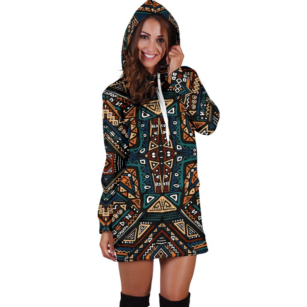 Boho Tribal Aztec Pattern Print Hoodie Dress GearFrost