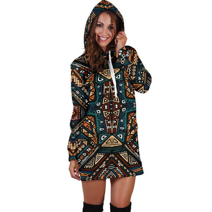 Boho Tribal Aztec Pattern Print Hoodie Dress GearFrost