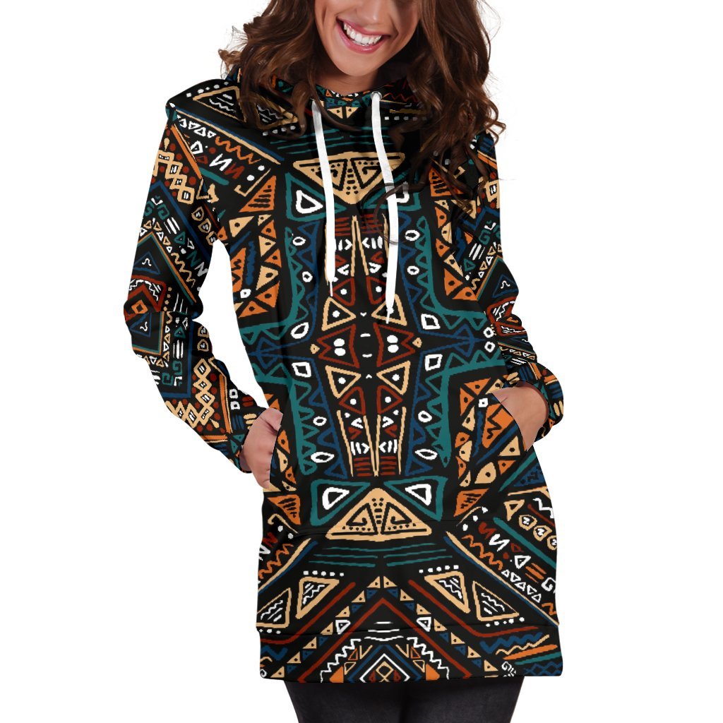 Boho Tribal Aztec Pattern Print Hoodie Dress GearFrost